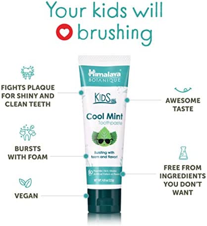 Himalaya Botanique Kids Toothpaste, Cool Mint Flavor to Reduce Plaque and Keep Kids Brushing Longer, 4 oz